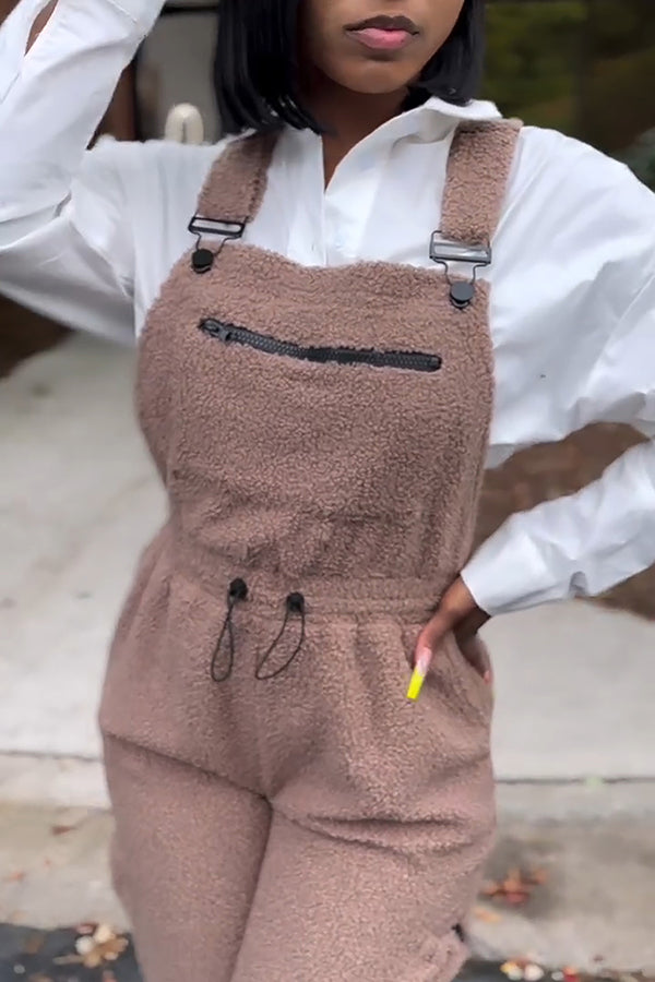 Cozy Drawstring Waist Zipper Pocket Plush Overalls