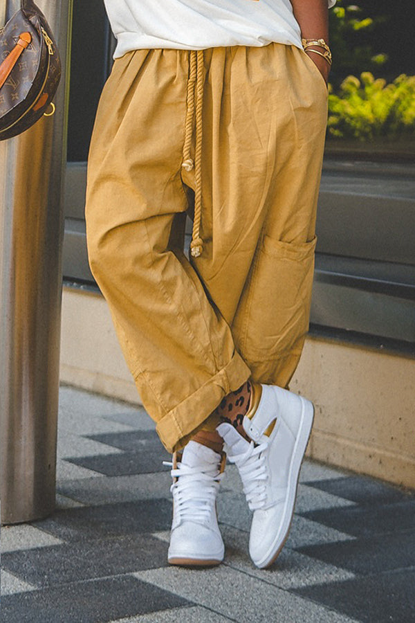 Baggy Drawstring Waist Pocket Wide Leg Pants