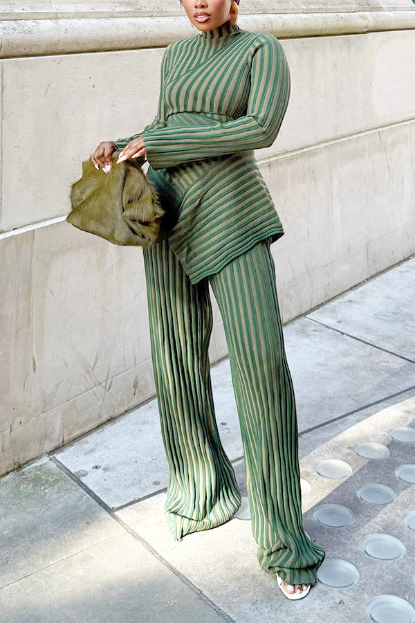 Retro Irregular Striped Top & Wide Leg Pants Set