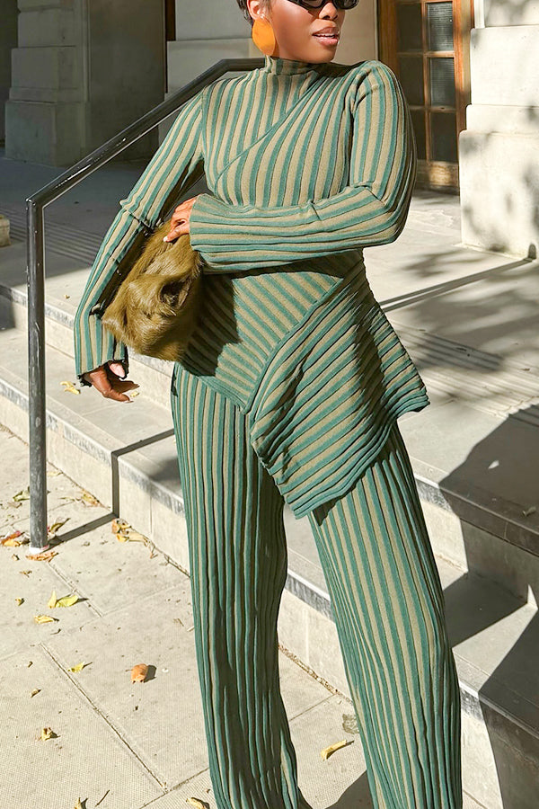 Retro Irregular Striped Top & Wide Leg Pants Set