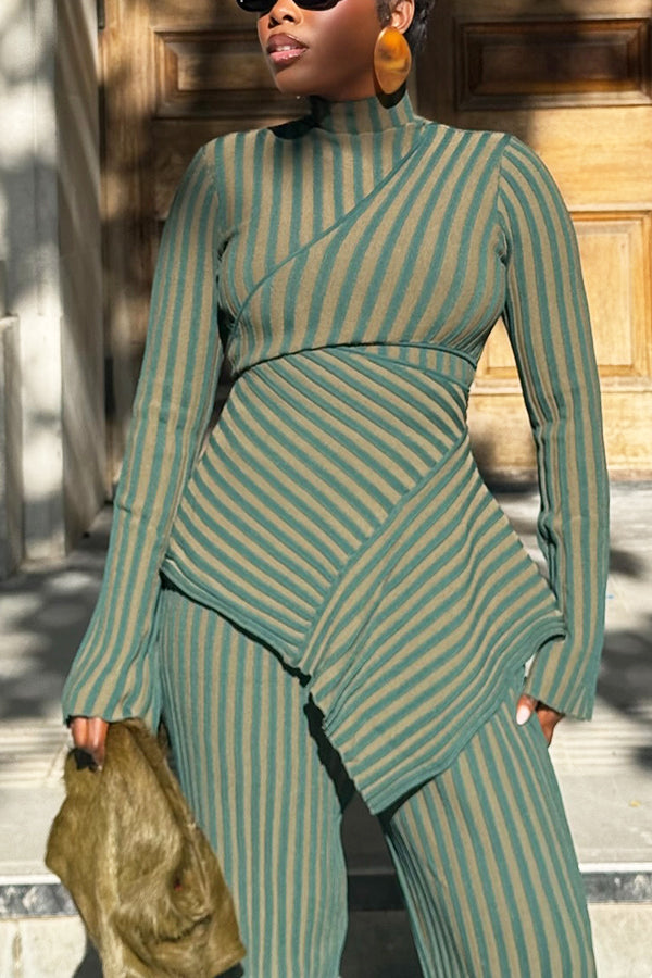 Retro Irregular Striped Top & Wide Leg Pants Set