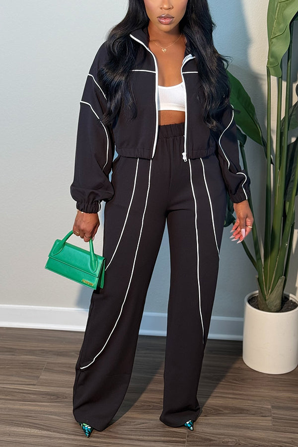 Sports Webbing Splicing Drawstring Jacket & Elastic Waist Pants Set