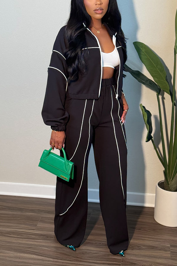 Sports Webbing Splicing Drawstring Jacket & Elastic Waist Pants Set