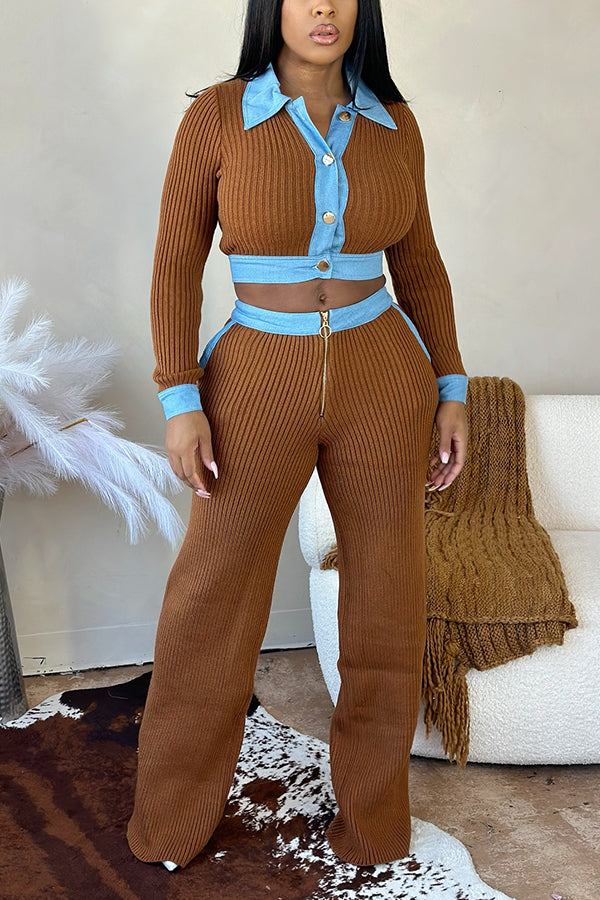 Casual Denim Panel Ribbed Top & Zipper Pants Set
