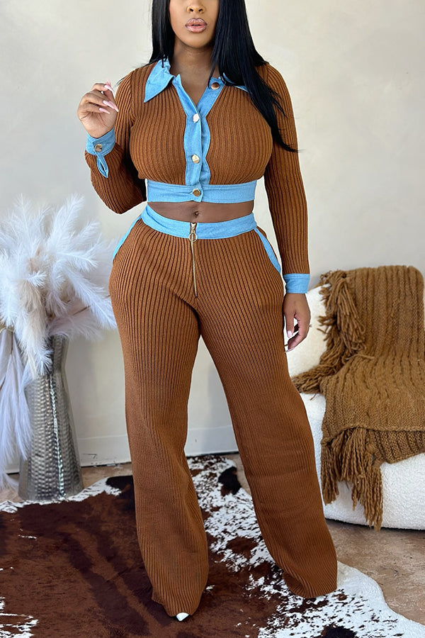Casual Denim Panel Ribbed Top & Zipper Pants Set