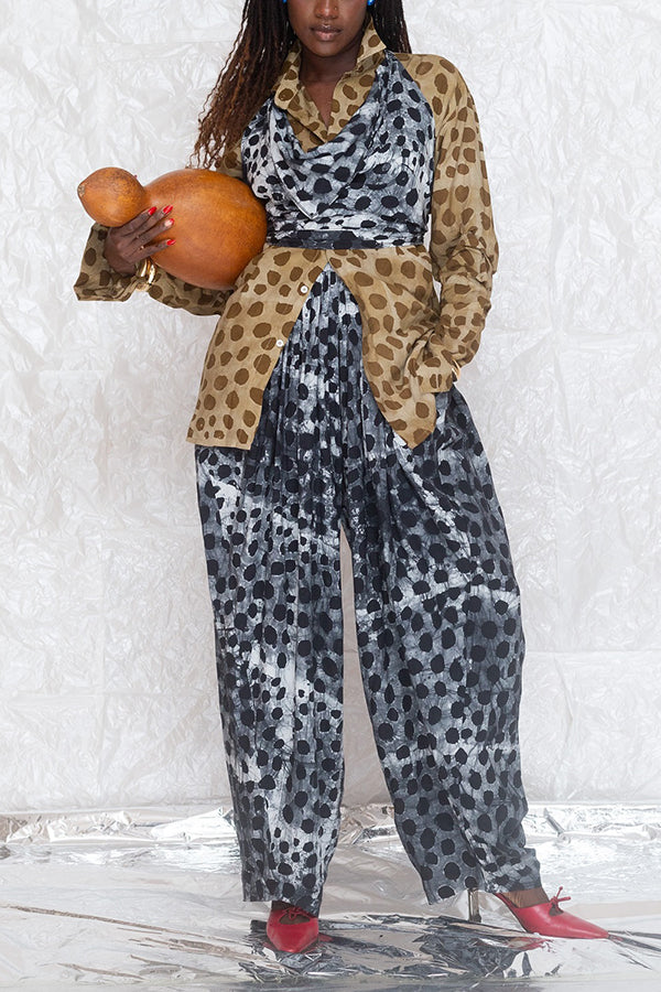 Fashionable Animal Print Two Tone Shirt & Wide Leg Pants Set