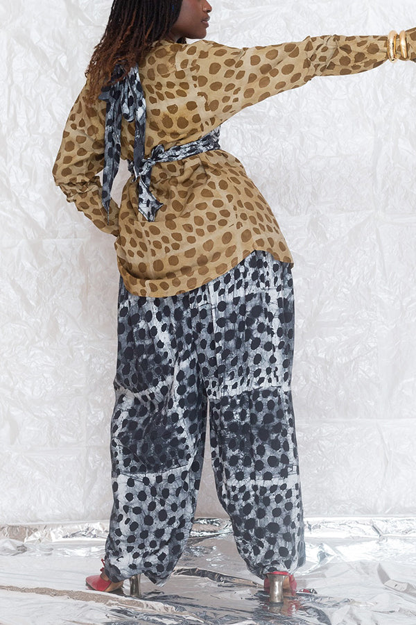 Fashionable Animal Print Two Tone Shirt & Wide Leg Pants Set