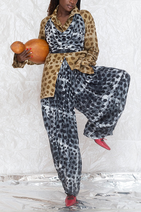 Fashionable Animal Print Two Tone Shirt & Wide Leg Pants Set