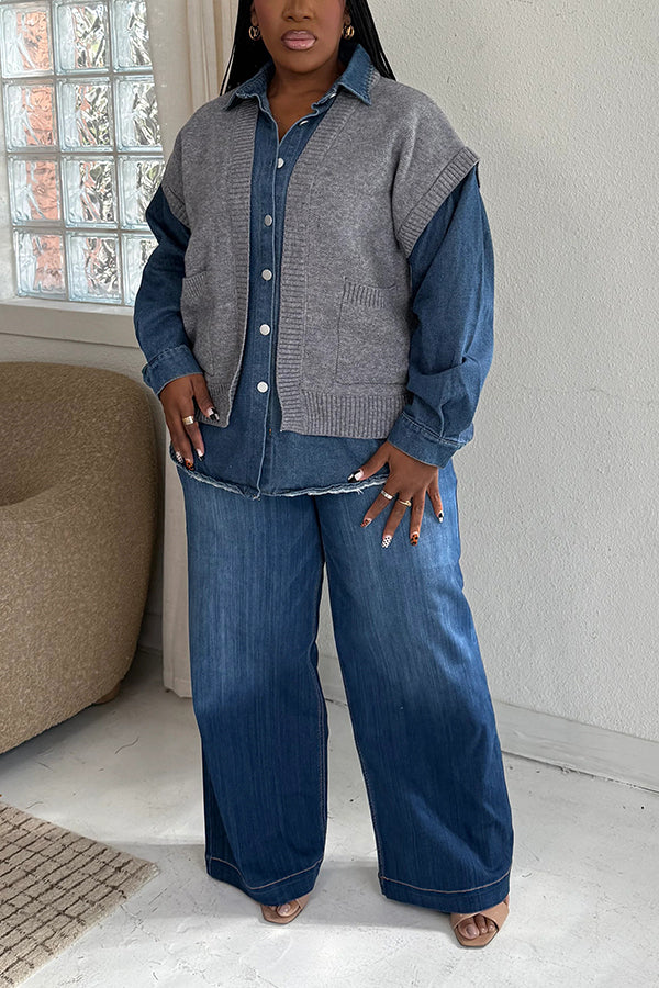 Oversized Single Breasted Denim Patchwork Layered Sweater
