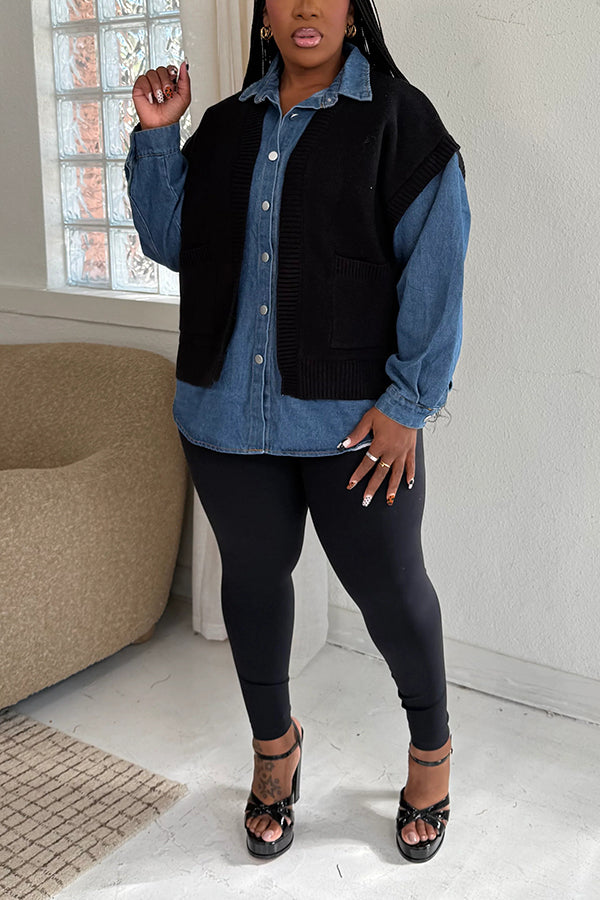 Oversized Single Breasted Denim Patchwork Layered Sweater