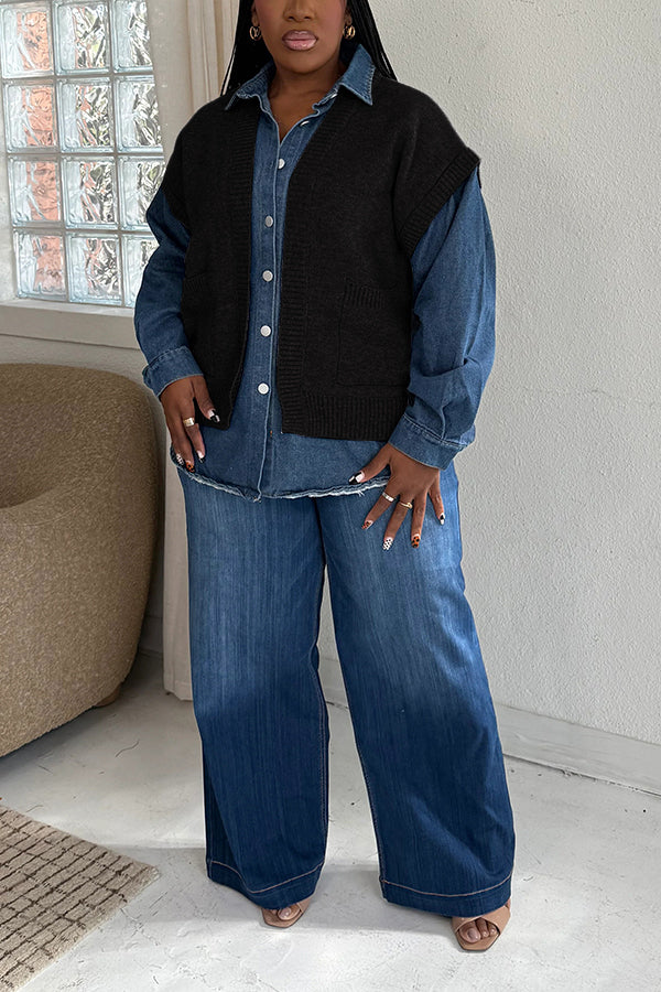 Oversized Single Breasted Denim Patchwork Layered Sweater