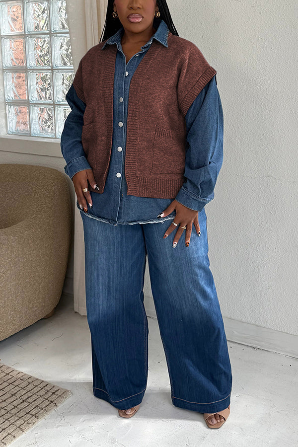 Oversized Single Breasted Denim Patchwork Layered Sweater