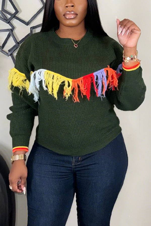 Eye Catching Colorful Fringe Patchwork Sweater