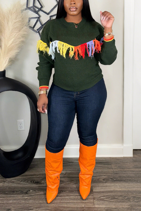 Eye Catching Colorful Fringe Patchwork Sweater