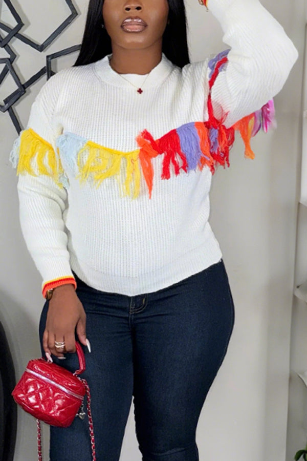 Eye Catching Colorful Fringe Patchwork Sweater