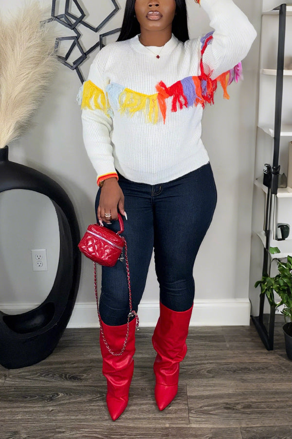 Eye Catching Colorful Fringe Patchwork Sweater
