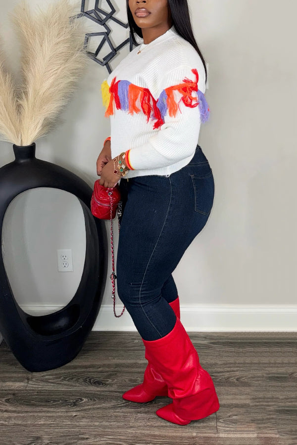 Eye Catching Colorful Fringe Patchwork Sweater