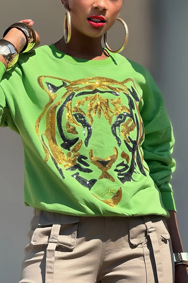 Statement Sequined Tiger Graphic Patchwork Sweatshirt