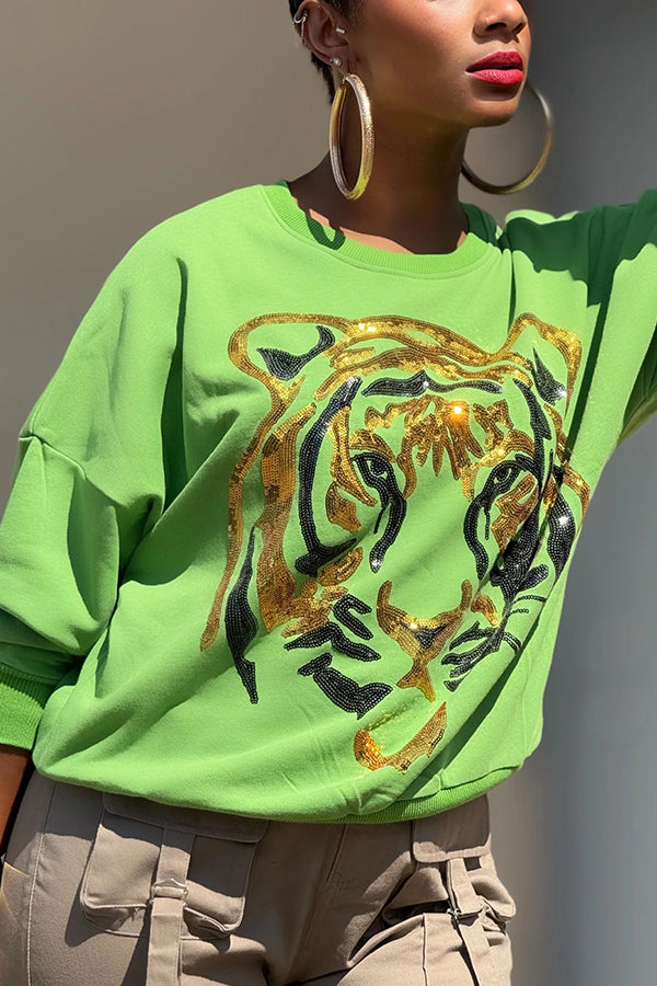 Statement Sequined Tiger Graphic Patchwork Sweatshirt