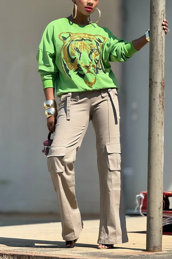 Statement Sequined Tiger Graphic Patchwork Sweatshirt