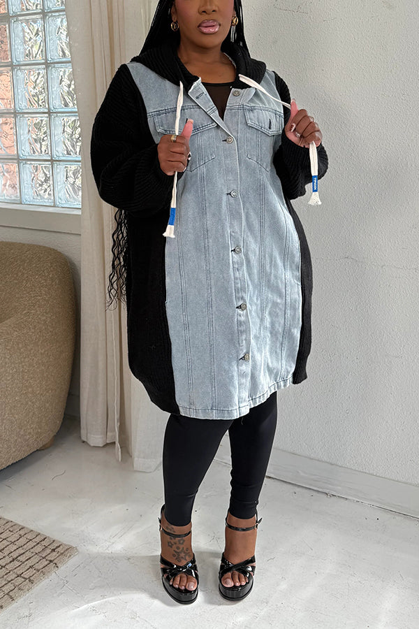 Casual Hooded Paneled Washed Denim Midi Dress