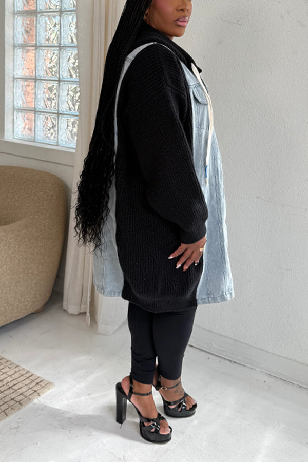 Casual Hooded Paneled Washed Denim Midi Dress