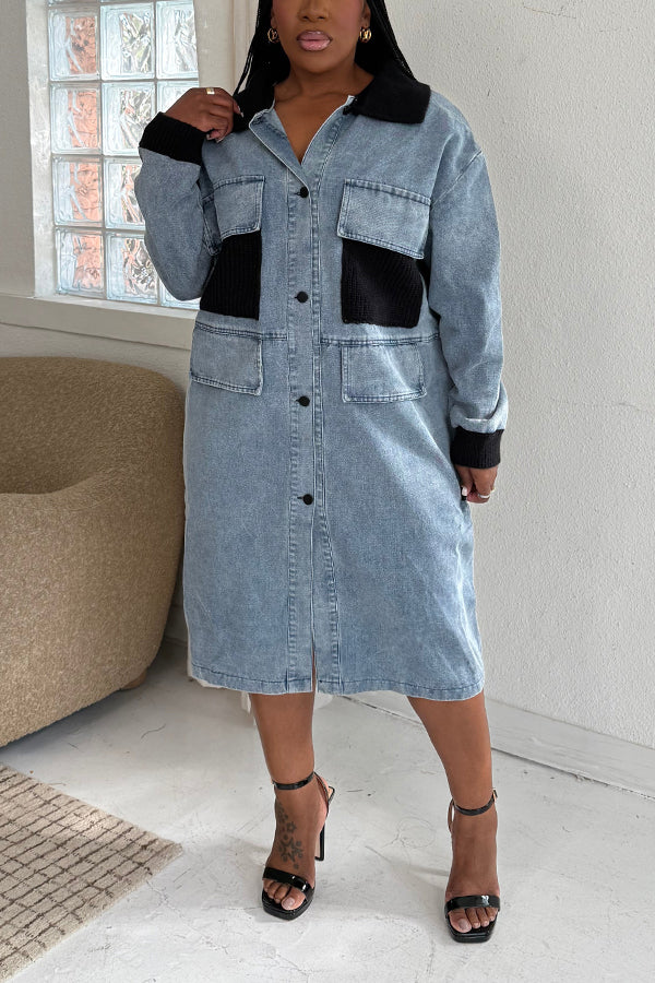 Fashionable Washed Patchwork Woolen Denim Dress