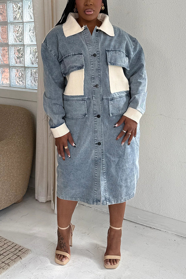 Fashionable Washed Patchwork Woolen Denim Dress