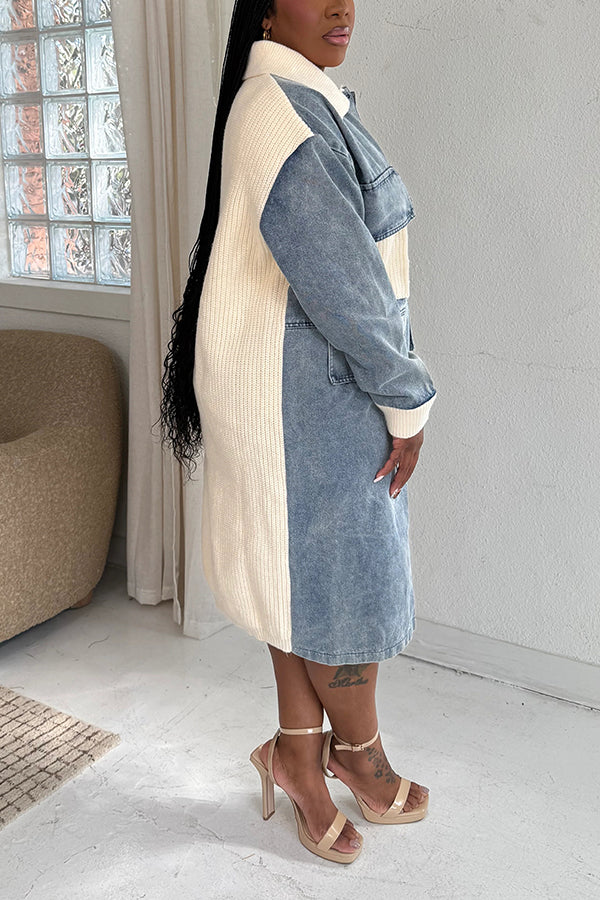Fashionable Washed Patchwork Woolen Denim Dress