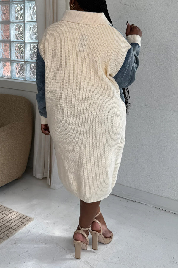 Fashionable Washed Patchwork Woolen Denim Dress