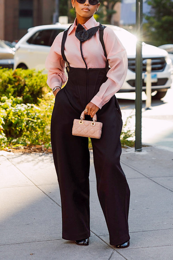Fashionable 3d Flower Long Sleeved Shirt & Wide Leg Overalls Set