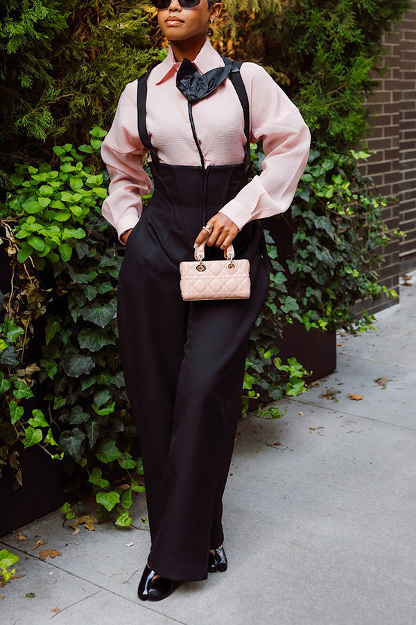 Fashionable 3d Flower Long Sleeved Shirt & Wide Leg Overalls Set