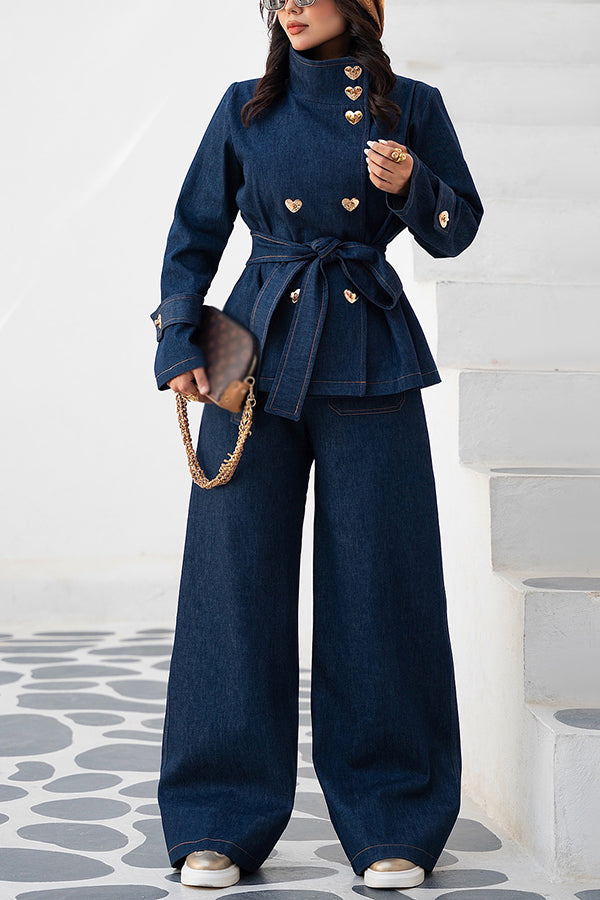 Casual Heart Gold Button Denim Jacket & Wide Leg Jeans Set