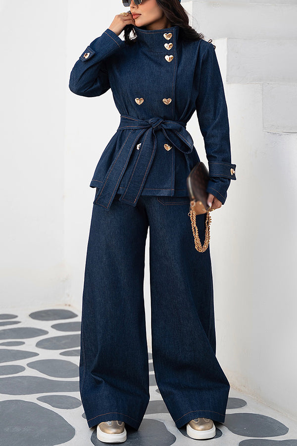 Casual Heart Gold Button Denim Jacket & Wide Leg Jeans Set