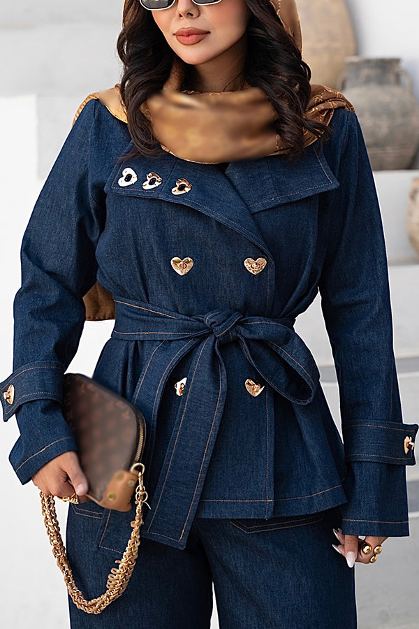 Casual Heart Gold Button Denim Jacket & Wide Leg Jeans Set