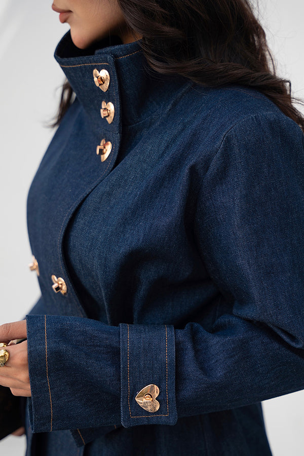 Casual Heart Gold Button Denim Jacket & Wide Leg Jeans Set
