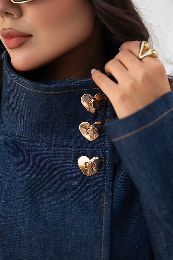 Casual Heart Gold Button Denim Jacket & Wide Leg Jeans Set
