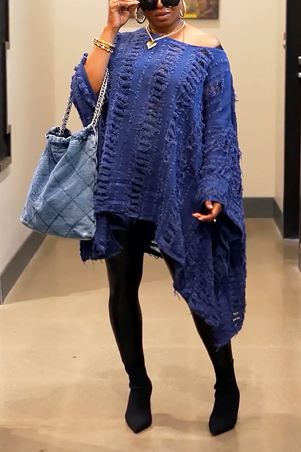 Oversized Irregular Ripped Raw Edge Denim Top