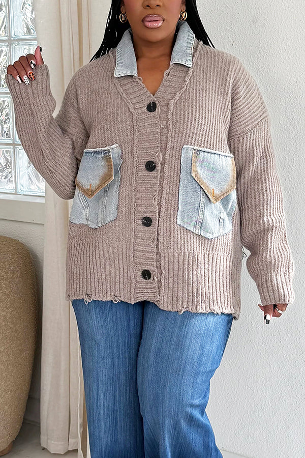 Oversized Stitchwork Denim Patchwork Cardigan Sweater