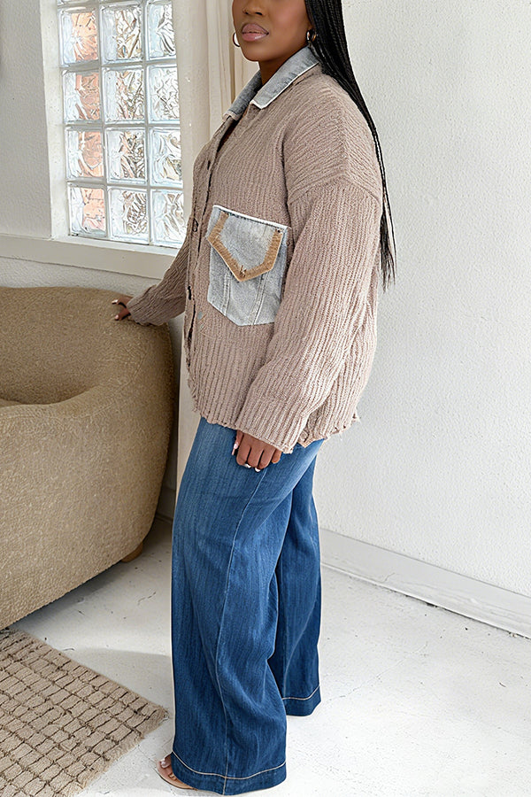 Oversized Stitchwork Denim Patchwork Cardigan Sweater
