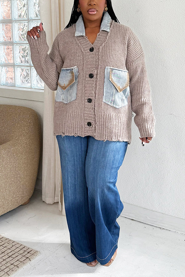 Oversized Stitchwork Denim Patchwork Cardigan Sweater