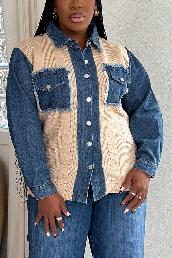 Oversized Double Pocket Denim Patchwork Knitwork Sweater