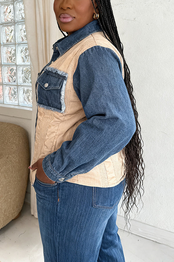 Oversized Double Pocket Denim Patchwork Knitwork Sweater