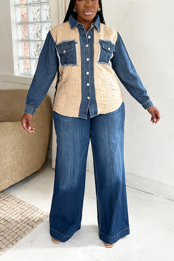 Oversized Double Pocket Denim Patchwork Knitwork Sweater