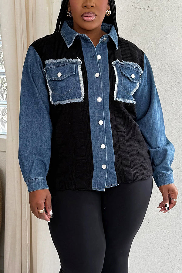 Oversized Double Pocket Denim Patchwork Knitwork Sweater
