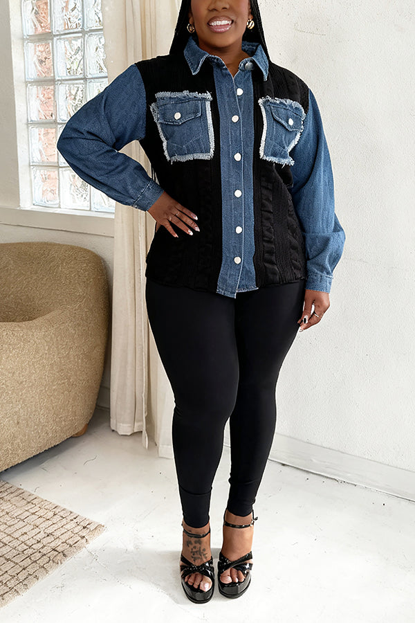 Oversized Double Pocket Denim Patchwork Knitwork Sweater
