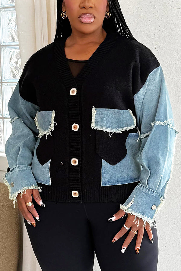 Oversized Raw Edge Denim Patchwork Knitted Sweater