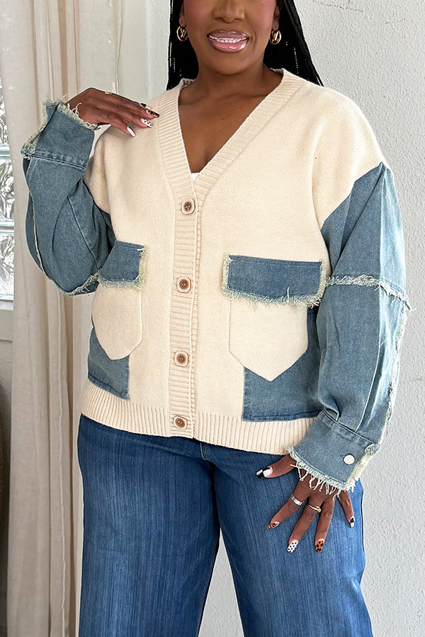 Oversized Raw Edge Denim Patchwork Knitted Sweater