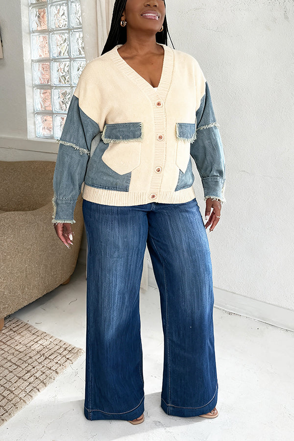 Oversized Raw Edge Denim Patchwork Knitted Sweater