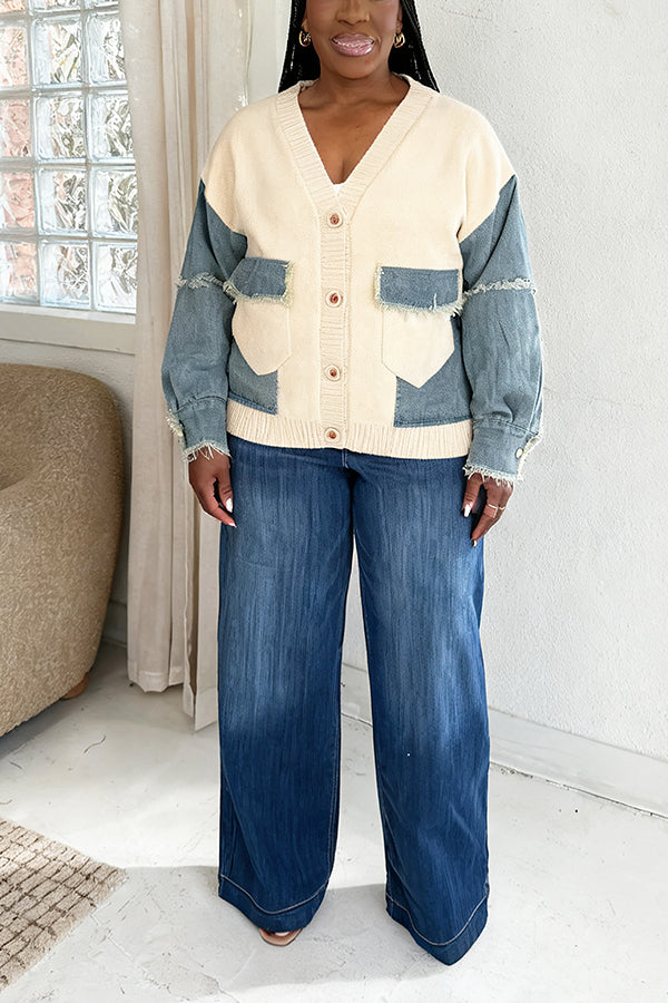 Oversized Raw Edge Denim Patchwork Knitted Sweater